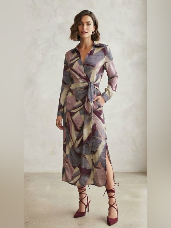 Dress Forum Dresses & Skirts - NWT Dress Forum "Umber Mosaic" Abstract Print Tie-Front Midi Shirt Dress